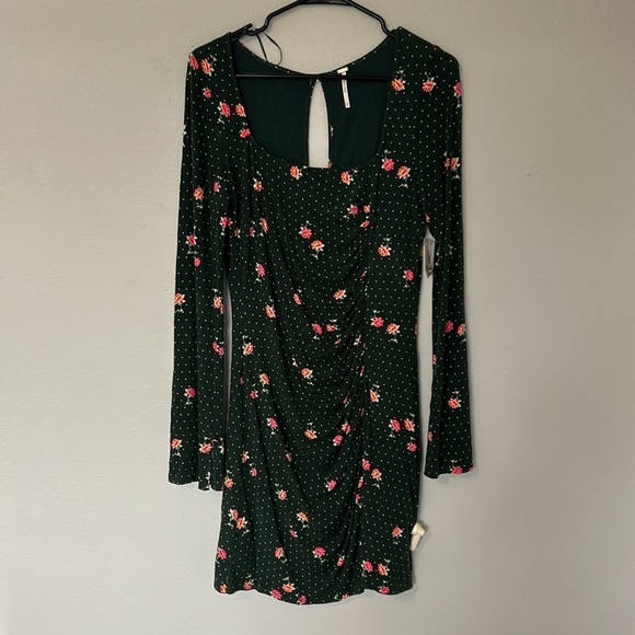 NWT Free People Celia mini dress. Dark green/white/pink floral and polka dot. M - Picture 3 of 6